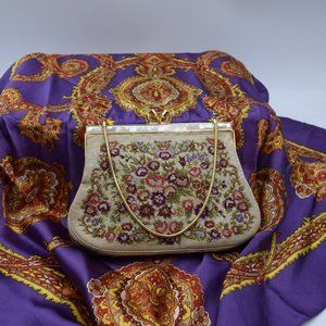 MCM Vintage Tapestry Purse Mother of Pearl Frame 1950's Kiss Lock Clutch